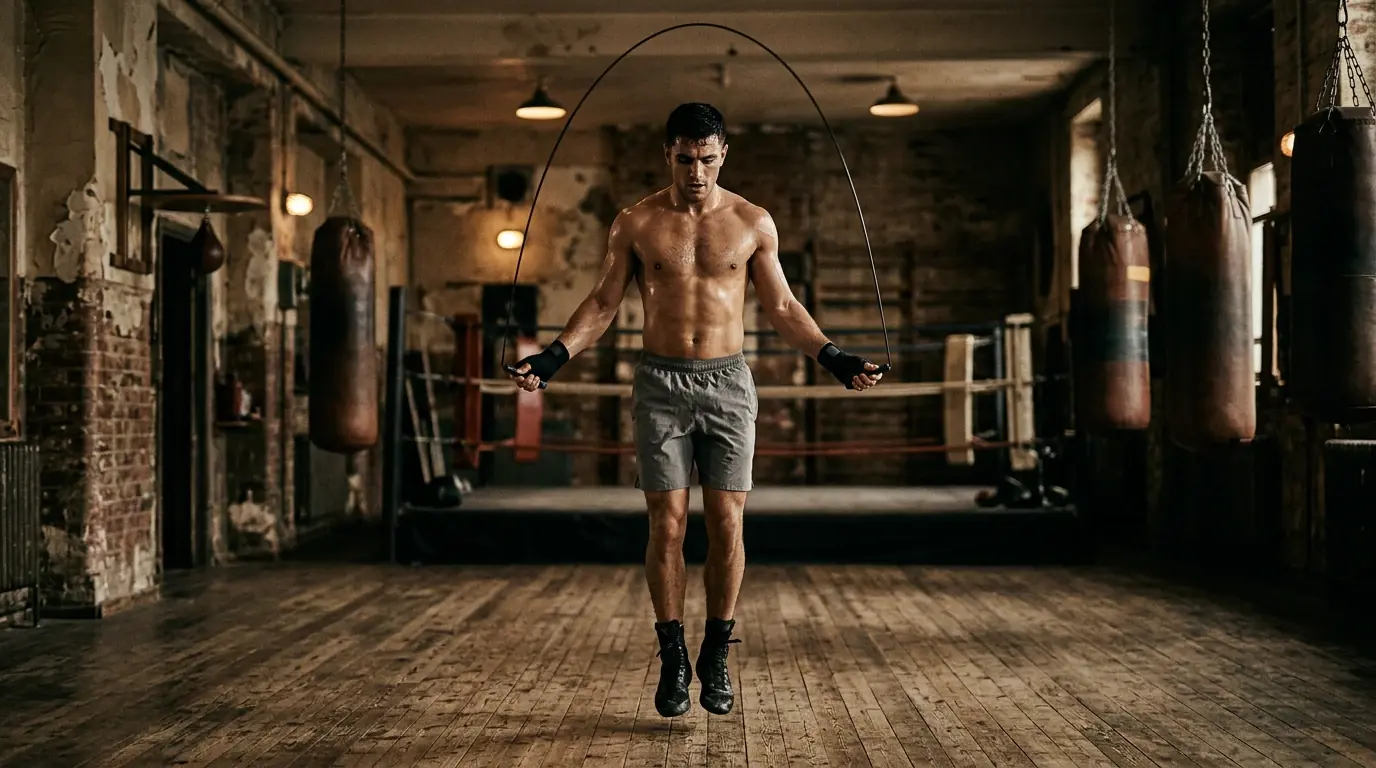 Profiboxer im Seilspringen-Training in einem traditionellen Boxgym