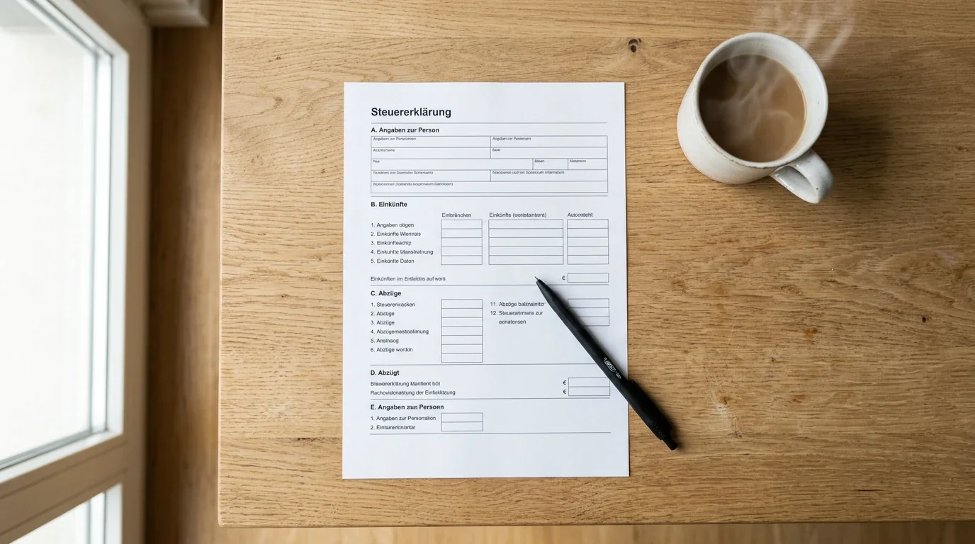 Schweizer Steuerformular und Stift auf einem Holzschreibtisch neben einer Tasse Kaffee